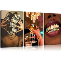 Hieng 3Pcs Trendy Luxury Girl Wall Art American African Woman Canvas Poster Prints Fashion Abstract Painting Pictures for Bedroom Living Room Bar Cart Dining Room Wall Decor in Unframed
