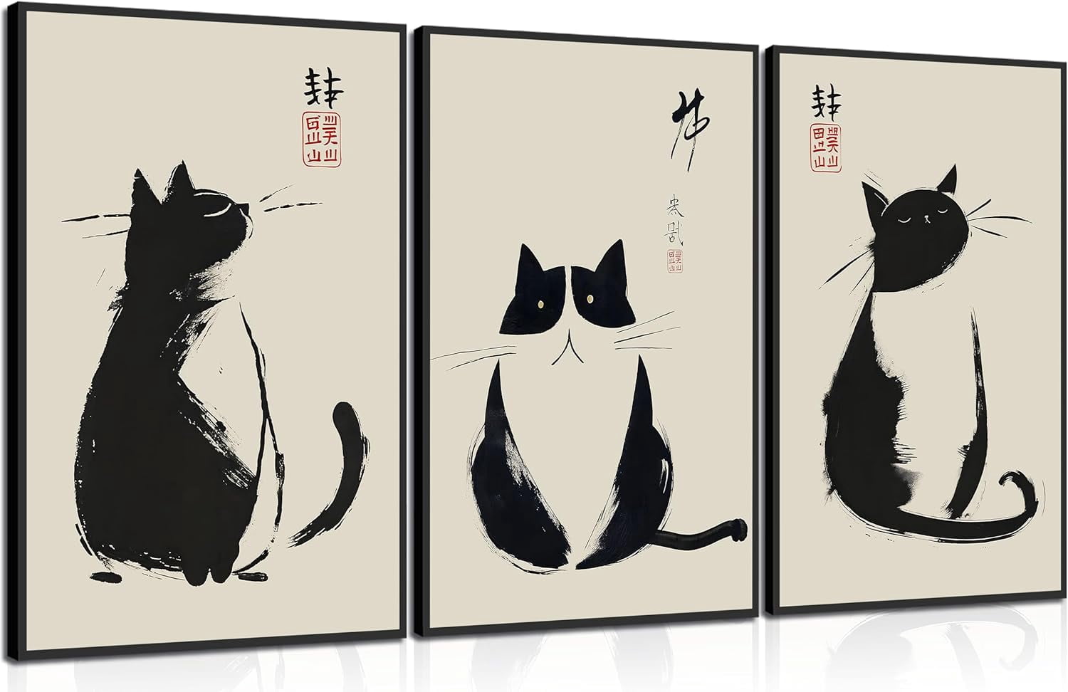 Hieng 3Pcs Vintage Japanese Cat Wall Art Cute Funny Japanese Black Cat ...
