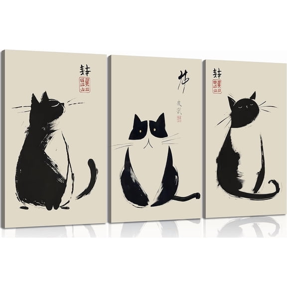Hieng 3Pcs Vintage Japanese Cat Wall Art Cute Funny Japanese Black Cat Canvas Paintings Matsumoto Hoji Prints Neutral Pictures Wall Decor Animal Posters for Living Room Bedroom Unframed