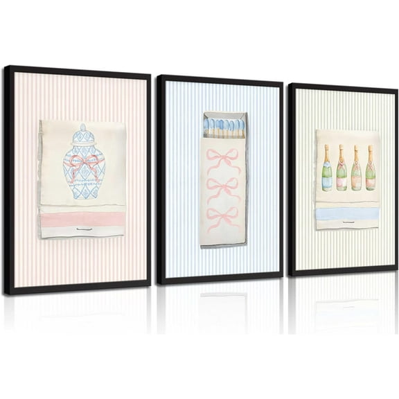 Hieng 3Pcs Vintage Matchbox Wall Art Pink Bow Matchbooks Canvas Paintings Trendy Aesthetic Apartment Wall Decor Prints Preppy Matches Posters Pictures for Collage Girl Dorm Bedroom Unframed