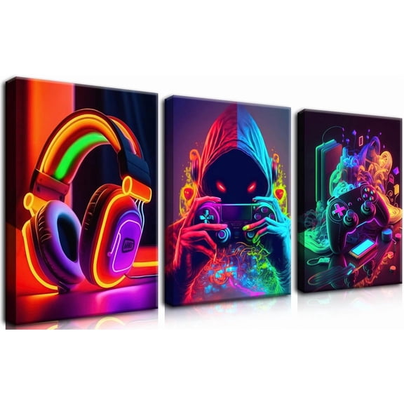 Hieng 3Piece Video Game Print Controller Poster Geeky Art Gaming Zone & Icons Gamer Gift Great Game Room, Man Cave or Boy's Bedroom Decor UNFRAMED Wall Art