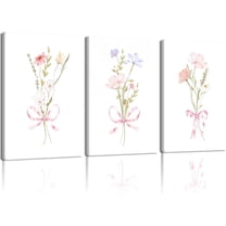 Hieng 3Piece Watercolor Floral Wall Art Canvas Print Set, Botanical Aesthetic Wall Decor Pastel Pink Ribbon Flower Posters & Prints for Girl’s Bedroom Nursery Living Room Kitchen