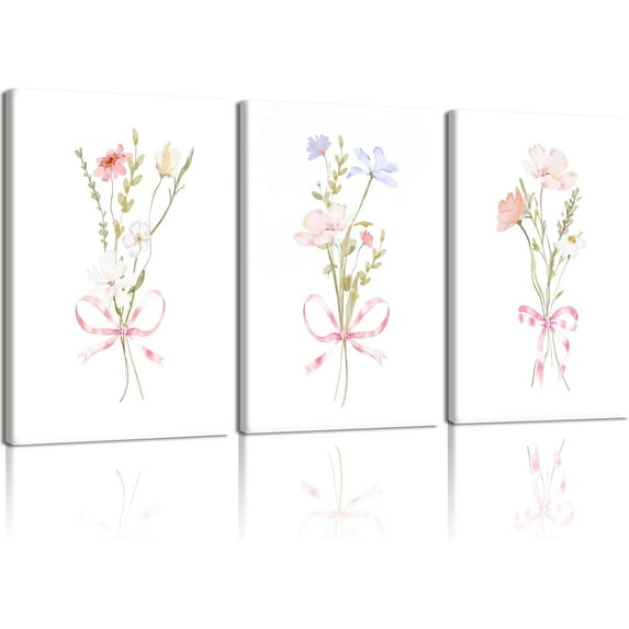 Hieng 3Piece Watercolor Floral Wall Art Canvas Print Set, Botanical Aesthetic Wall Decor Pastel Pink Ribbon Flower Posters & Prints for Girl’s Bedroom Nursery Living Room Kitchen