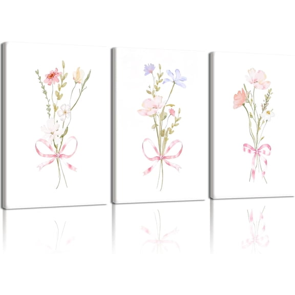 Hieng 3Piece Watercolor Floral Wall Art Canvas Print Set, Botanical Aesthetic Wall Decor Pastel Pink Ribbon Flower Posters & Prints for Girl’s Bedroom Nursery Living Room Kitchen