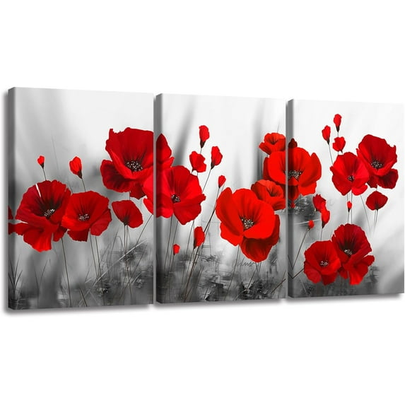 Hieng 3Pieces Flower Canvas Wall Art Decor Set Modern Giclee ArtworkInk Ink Painting Print Red Poppies Poster Wall Art for Bedroom Home Decoration (Only canvas)