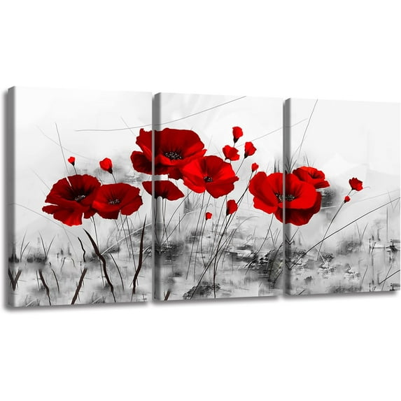 Hieng 3Pieces Flower Canvas Wall Art Decor Set Modern Giclee ArtworkInk Ink Painting Print Red Poppies Poster Wall Art for Bedroom Home Decoration (Only canvas)