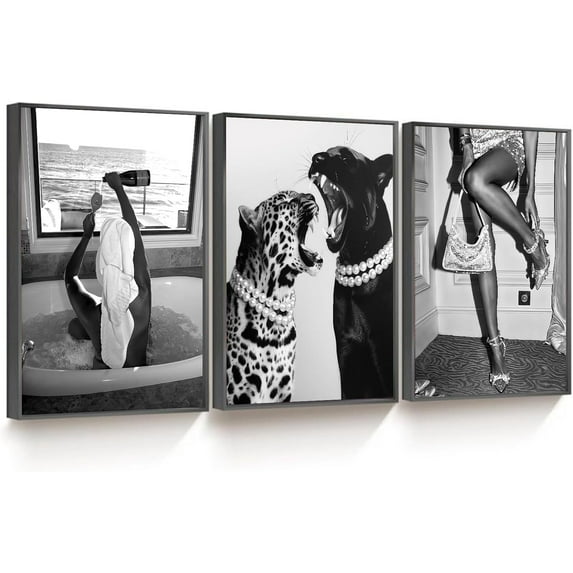 Hieng 3pcs Bathroom Fashion Leopard Print Canvas Wall Art Black Trendy Women Decor Prints Black and White Photography Feminism Posters Art Paintings for Bedroom Living Room Hallway 12×16 Inch