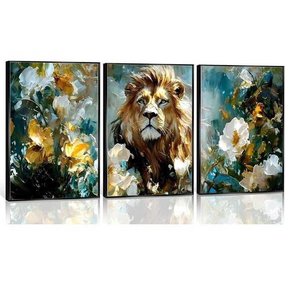 Hieng 3pcs Lion Wall Art Modern Nature Canvas Prints Posters,Male Lion and Plants Flowers Watercolor Paintings Pictures Abstract Realistic Wall Decor, Suitable for All Home Decoration Unframed