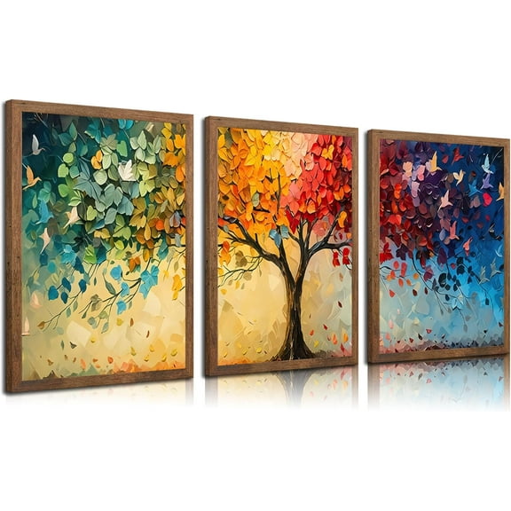 Hieng 3pcs Tree Of Life Wall Art Prints: Canvas Art Print, Unframed, Multicolored Abstract Tree Leaf Wall Decor for Living Room & Bedroom