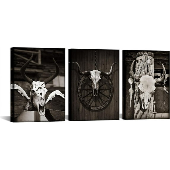 Hieng 3pcs Vintage Western Art Wall Decor Brown Buffalo Bull Cow Horn Skull Picture Prints on Canvas Black and White Animal Head Painting for Cowboys Each Panel(only canvas)