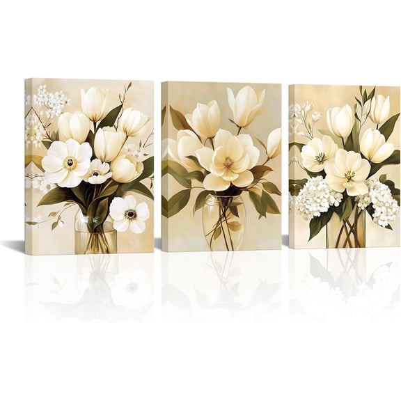 Hieng 3s Vintage Flowers Wall Art Canvas Prints Botanical Painting Tulip Hydrangea White Floral Pictures French Style Beige Artwork Wall Decor for Bedroom Bathroom Kitchen