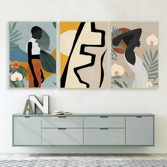 Hieng Abstract African American Wall Art Canvas Painting Black Woman and Green Plant Art Pictures Set of 3 Nordic Wall Art Posters and Prints Pictures Wall for Living Room Decoration