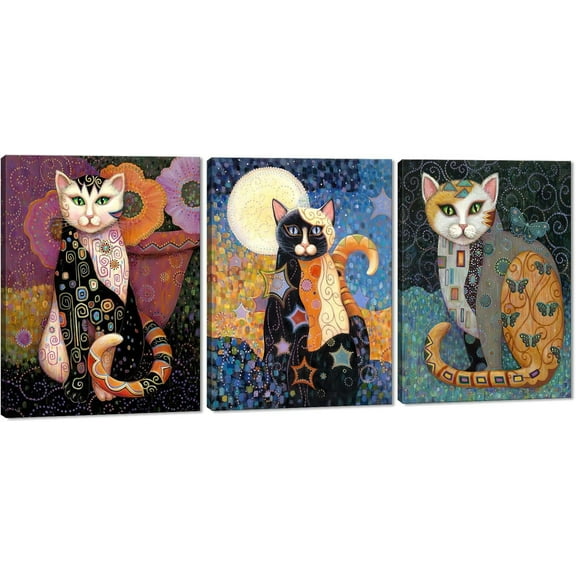 Hieng Abstract Cat Wall Art 3 Pieces Pop Gustav Klimt Paintings Canvas Print Posters for Living Room Bedroom Office Artwork Unframed