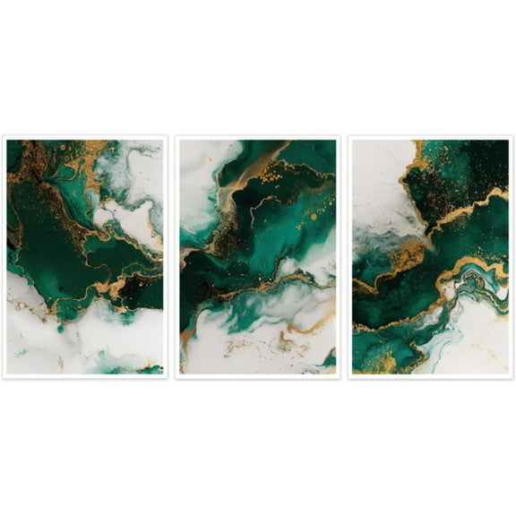 Hieng Abstract Emerald Green Wall Art 3 Pieces Green and Gold Canvas Prints Modern Fluid Marble Painting for Living Room Office Decor Unframed