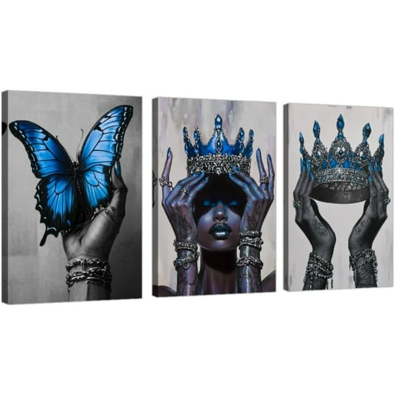 Hieng African American Canvas Wall Art Pieces Blue Fashion Black Art Print Black Woman Pictures with Crown African Queen Painting Home Decor Unframed