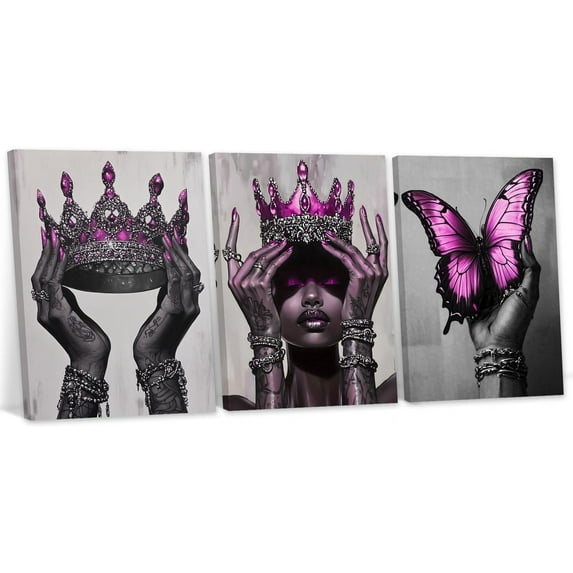 Hieng African American Wall Art Black Woman Canvas Butterfly Queen Crown Pictures Elegant Woman Painting for Girl Decor Unframed
