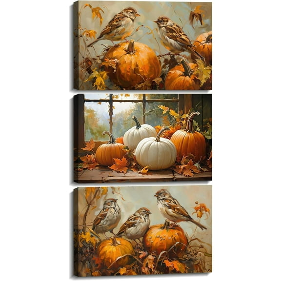 Hieng Autumn Wall Art 3 Pieces Pumpkin with Sparrows Picture Prints Fall Harvest Birds Canvas Painting Thanksgiving Theme Artwork for Farmhouse Decor Unframed