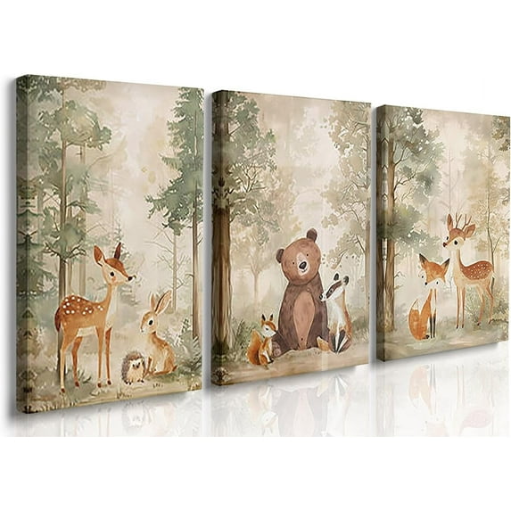Hieng Baby Boy Nursery Wall Decor,Forest Animal Fox Bear Wall Hieng Set of 3 Boy Adventure Toddler Room Nursery Decor,Watercolor Mountain Forest Nature Woodland Painting Pictures for Bedroom