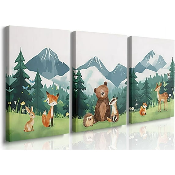Hieng Baby Boy Nursery Wall Decor,Forest Animal Fox Bear Wall Hieng Set of 3 Boy Adventure Toddler Room Nursery Decor,Watercolor Mountain Forest Nature Woodland Painting Pictures for Bedroom