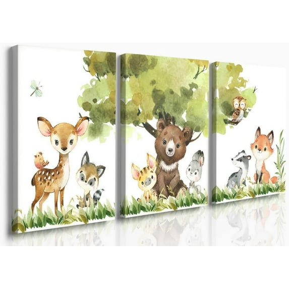 Hieng Baby Boy Nursery Wall Decor,Forest Animal Fox Bear Wall Hieng Set of 3 Boy Adventure Toddler Room Nursery Decor,Watercolor Mountain Forest Nature Woodland Painting Pictures for Bedroom