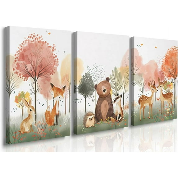 Hieng Baby Boy Nursery Wall Decor,Forest Animal Fox Bear Wall Hieng Set of 3 Boy Adventure Toddler Room Nursery Decor,Watercolor Mountain Forest Nature Woodland Painting Pictures for Bedroom