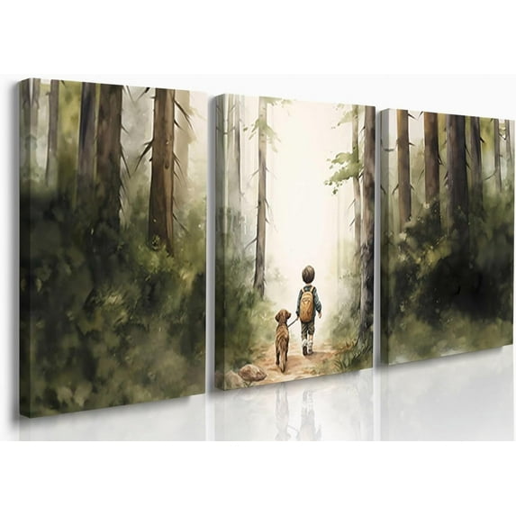Hieng Baby Boy Nursery Wall Decor,Forest Animal Fox Bear Wall Hieng Set of 3 Boy Adventure Toddler Room Nursery Decor,Watercolor Mountain Forest Nature Woodland Painting Pictures for Bedroom