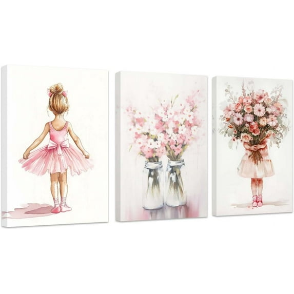 Hieng Ballerina Prints Wall Art Ballet Dancer Poster Little Girl Dancing Pictures Pink Flower Canvas Painting Pink Girl Bedroom Dance Room Decor Unframed