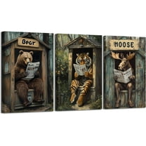 Hieng Bathroom Wall Art 3 Pieces Bear Moose Wolf in Outhouse Toilet Reading Pictures Forest Wildlife Canvas Prints Farmhouse Painting for Cabin Decor Unframed
