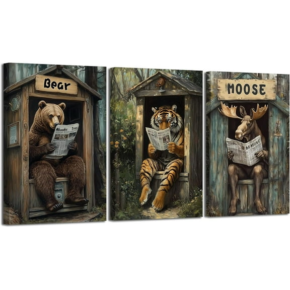 Hieng Bathroom Wall Art 3 Pieces Bear Moose Wolf in Outhouse Toilet Reading Pictures Forest Wildlife Canvas Prints Farmhouse Painting for Cabin Decor Unframed