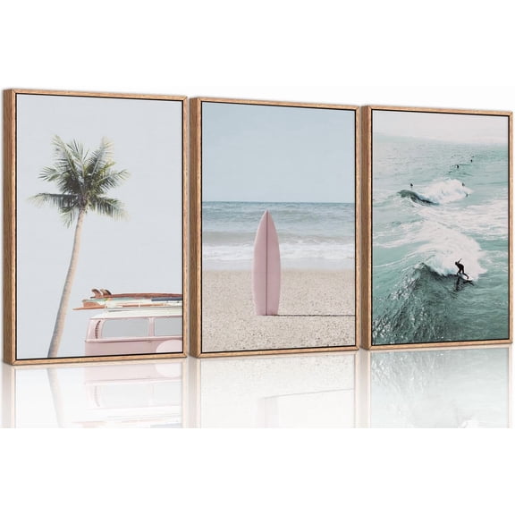 Hieng Beach Canvas Wall Art Set, Palm Tree Surfboard Seascape Wall Decor, Ocean Surfing Wall Painting, Coastal Art Print for Living Room, Bedroom, Dining Room, Bathroom （Only canvas）