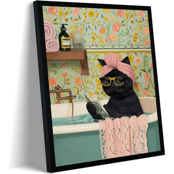 Hieng Black Cat Wall Art, Vintage Funny Black Cat in Water Lilies Poster Prints Paintings, Garden Flowers Cat Aesthetic Wall Decor, for Bathroom Living Room Bedroom(Framed canvas)