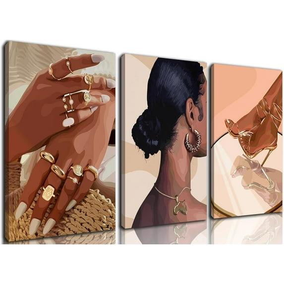 Hieng Black Girl Wall Art Abstract African American Decor Posters Fashion Black Woman Canvas Prints Modern Black Female Painting Pictures for Bedroom Living Room Unframed