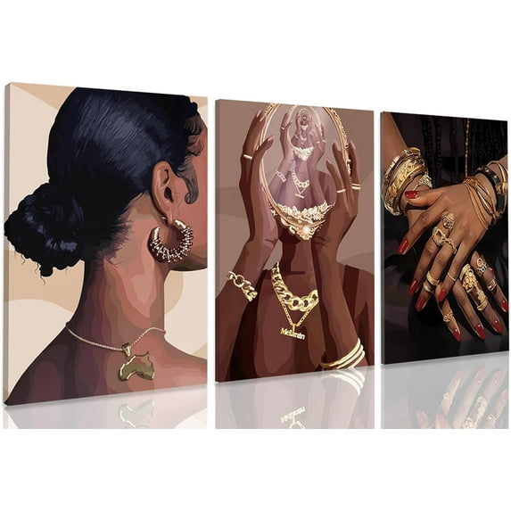 Hieng Black Girl Wall Art Set of 3, Black Woman Pictures Wall Decor African American Canvas Prints Black People Paintings Fashion Artwork for Home Living Room Bedroom 16x24 in