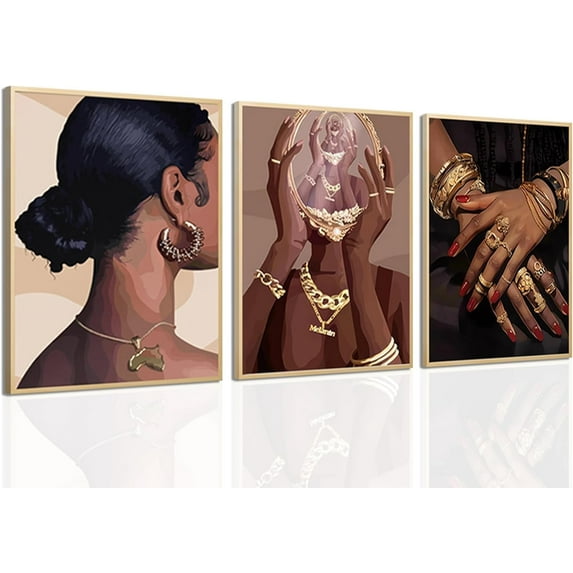 Hieng Black Girl Wall Art Set of 3, Black Woman Pictures Wall Decor African American Canvas Prints Black People Paintings Fashion Artwork for Home Living Room Bedroom 16x24 in