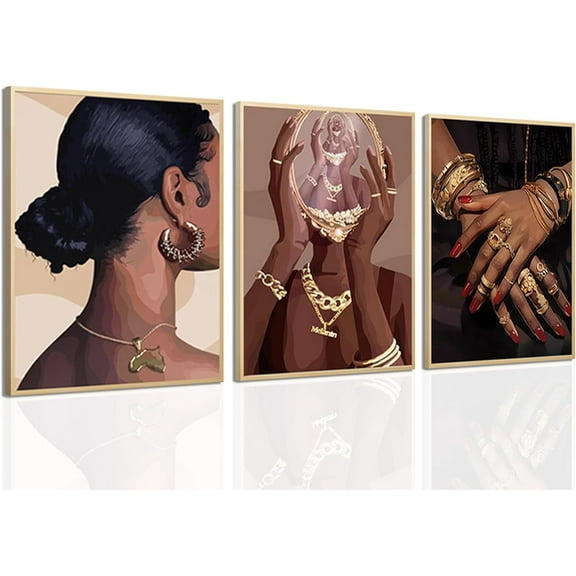 Hieng Black Girl Wall Art Set of 3, Black Woman Pictures Wall Decor African American Canvas Prints Black People Paintings Fashion Artwork for Home Living Room Bedroom 16x24 in