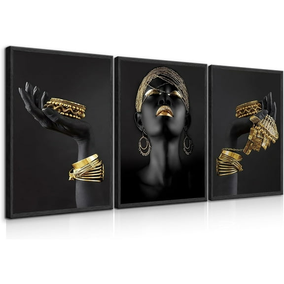 Hieng Black Gold African American Woman Wall Art Fashion Black Girl Golden Jewellery Canvas Wall Decor Elegant Black Woman Pictures Posters Girl Bedroom Unframed