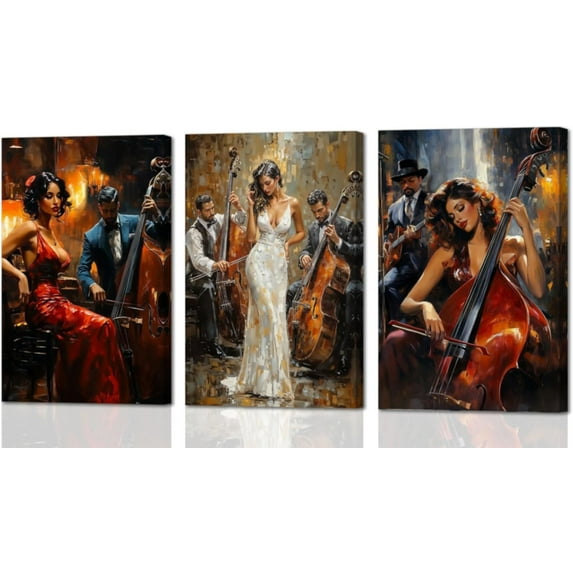 Hieng Black Jazz Wall Art 3 Pieces Black Woman Playing Canvas Prints African American Pictures Music Themed Paintings for Musical Club Decor Unframed