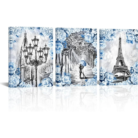 Hieng Black and Blue Paris Canvas Wall Art Eiffel Tower Street Lover Painting Picture Art Print for Home Decor(only canvas)