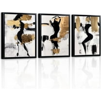 Hieng Black and Gold Bathroom Decor Abstract Women Wall Art Set of 3 Black Frame Black Beige and Gold Paintings