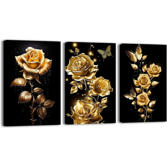 Hieng Black and Gold Wall Art 3 Pieces Golden Rose Butterfly Canvas Print Abstract Flower Painting Sparkling Floral Picture For Home Decor Unframed