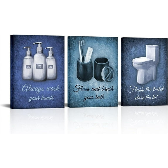 Hieng Blue Bathroom Wall Art Wash Brush Flush Pictures Prints Navy Blue Bathroom Rules Canvas Wall Decor Toilet Seat Painting(only canvas)