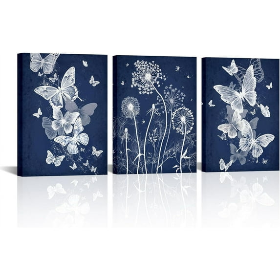 Hieng Blue Butterfly Canvas Wall Art Navy Blue Butterflies and Dandelion Picture Painting for Bathroom Bedroom Home Decor Gallery Wrapped(only canvas)