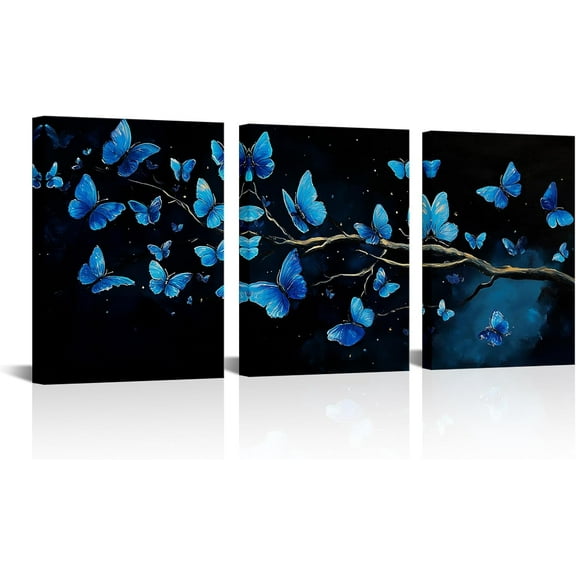 Hieng Blue Butterfly Wall Art Butterflies Painting Picture Canvas Prints Blue Bathroom Wall Decor