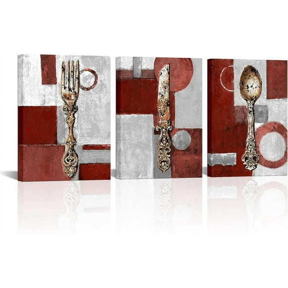 Hieng Blue and Grey Kitchen Decor Vintage Fork Knife Spoon Painting Canvas Kitchenware Picture Prints Rustic Dining Room Restaurant Geometric Decoration Unframed