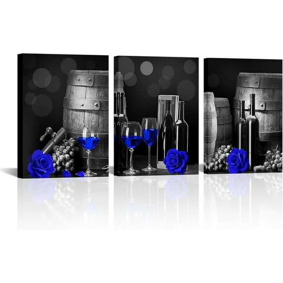 Hieng Blue Wine Kitchen Decor Royal Blue Wall Art Picture Wine Glass Canvas Art for Kitchen Dinning Room Chateau Wall Decor(only canvas)
