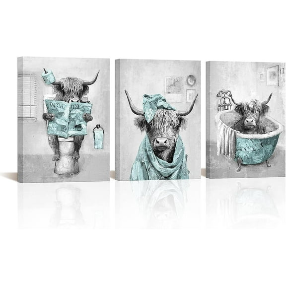 Hieng Blue and Grey Bathroom Decor Funny Highland Cow Wall Art Cattle Paintings Apartment Bathroom Hotel Decorations Unframed
