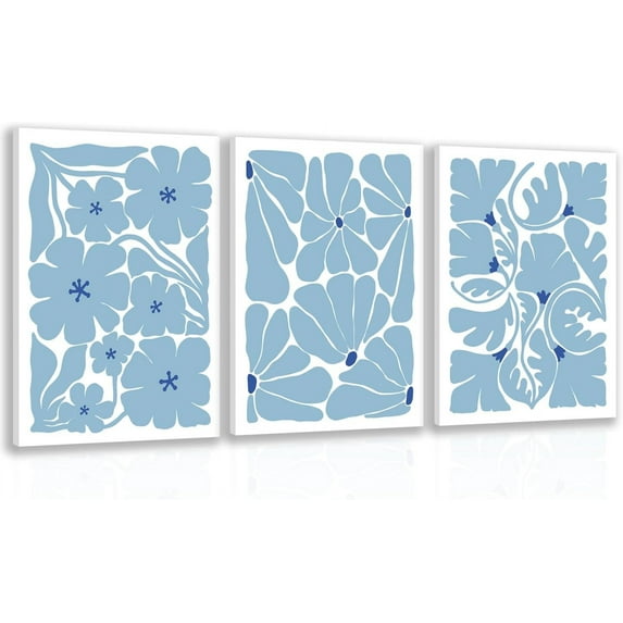 Hieng Boho Light Blue Floral Plant Wall Art, Trendy Abstract Botanical Canvas Wall Decor, Vintage Blue Bohemian Painting Prints for Living Room Bedroom Bathroom(Only canvas)