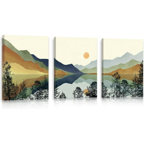 Hieng Boho Mountain Landscape Wall Art Watercolor National Park Canvas Artwork Painting, Modern Nature Forest Sun Poster Decor for Living Room Bedroom(only canvas)