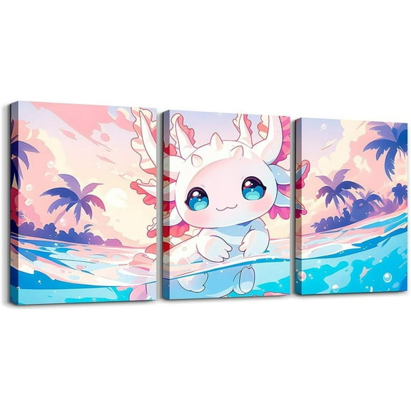 Hieng Boys Girls Cute Axolotl Canvas Wall Art for Living Room Bedroom Cartoon Salamander Picture Wall Decor Cherry Blossoms Wall Painting Posters Kids Kawaii Bathroom Wall Art Unframed