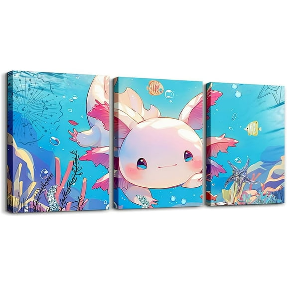 Hieng Boys Girls Cute Axolotl Canvas Wall Art for Living Room Bedroom Cartoon Salamander Picture Wall Decor Cherry Blossoms Wall Painting Posters Kids Kawaii Bathroom Wall Art Unframed